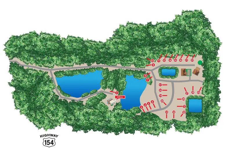 A map of the campground with water and trees.