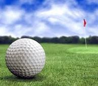 A golf ball is in the grass near a flag.