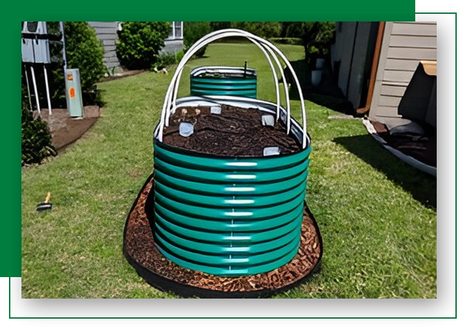 A green container with a garden hose on top of it.