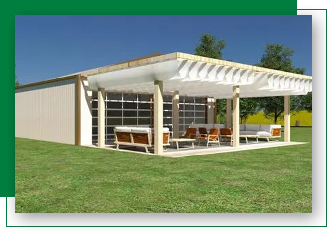 A rendering of an outdoor living space with a large awning.